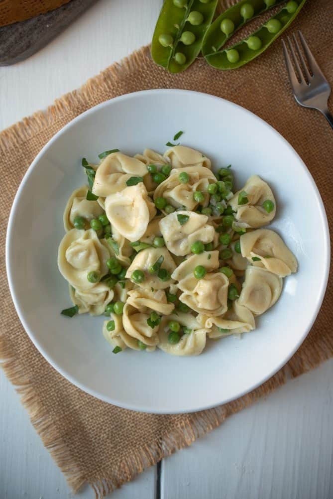 A bowl of tortellini from overhead