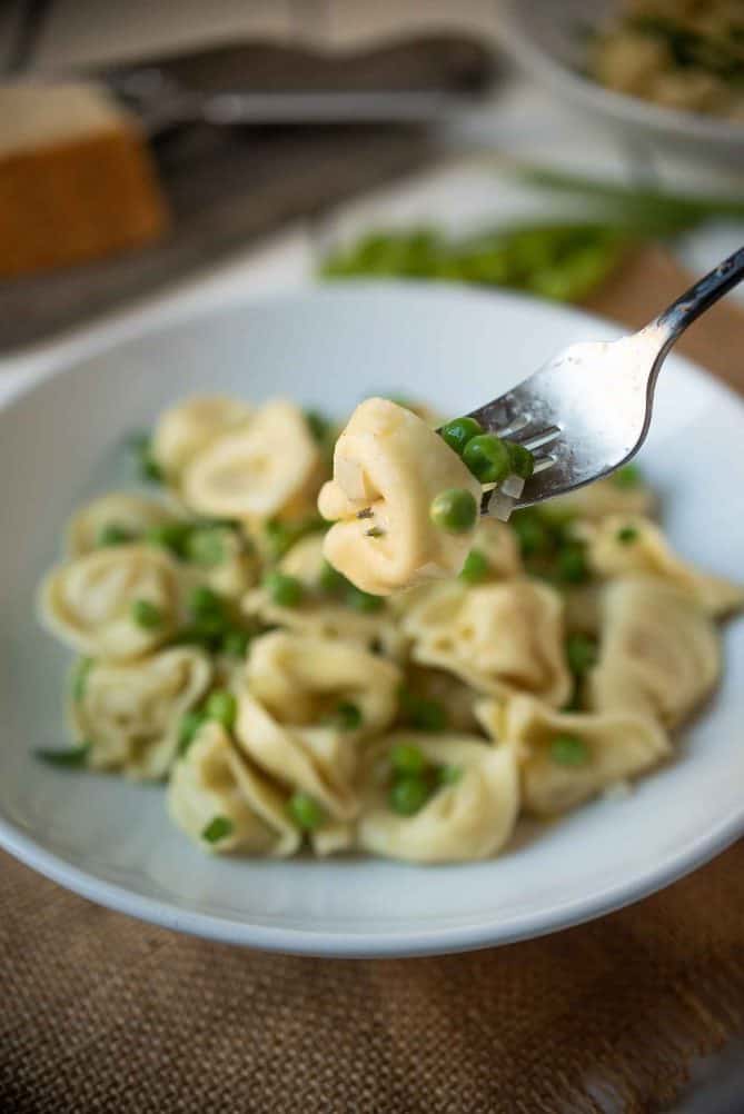 A cheese tortellini on a fork with green peas