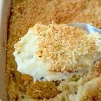 Creamy mashed potatoes topped with panko on a spoon