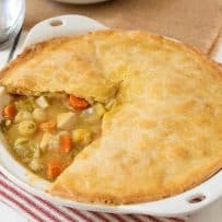 A freshly baked chicken pot pie with winter vegetables