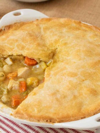 A freshly baked chicken pot pie with winter vegetables
