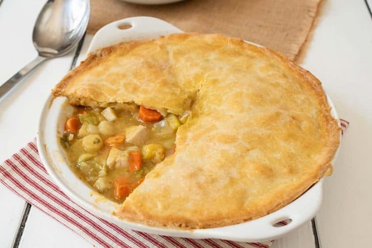 A freshly baked chicken pot pie with winter vegetables
