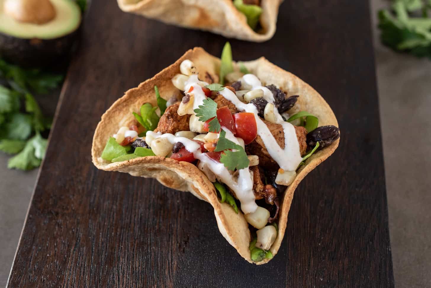A tortilla bowl of Mexican chicken salad