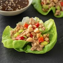 Lettuce leaves filled with ground chicken and vegetables