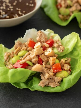 Lettuce leaves filled with ground chicken and vegetables