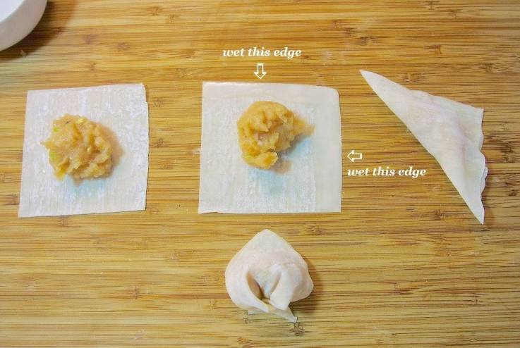 The steps showing how to fold a wonton