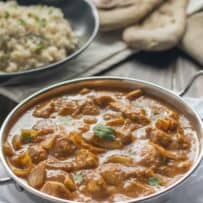 Tender chicken breast pieces in an Indian curry