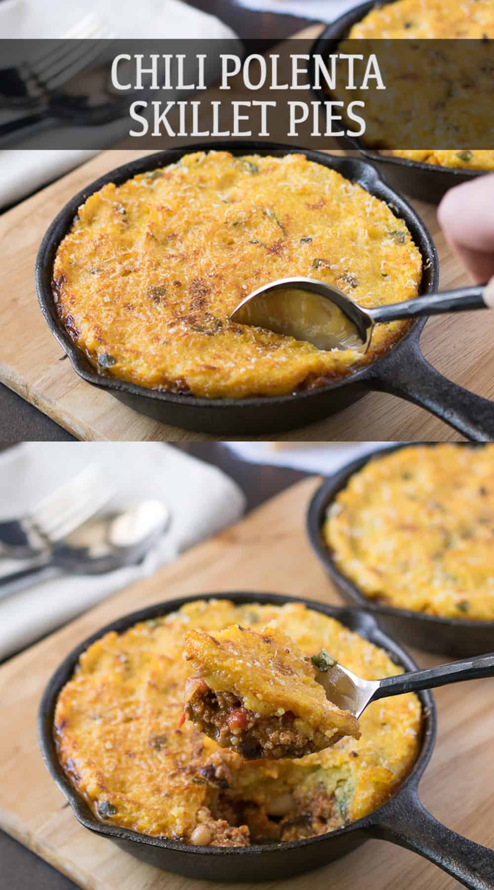 Using a spoon to scoop up a serving of chili and polenta
