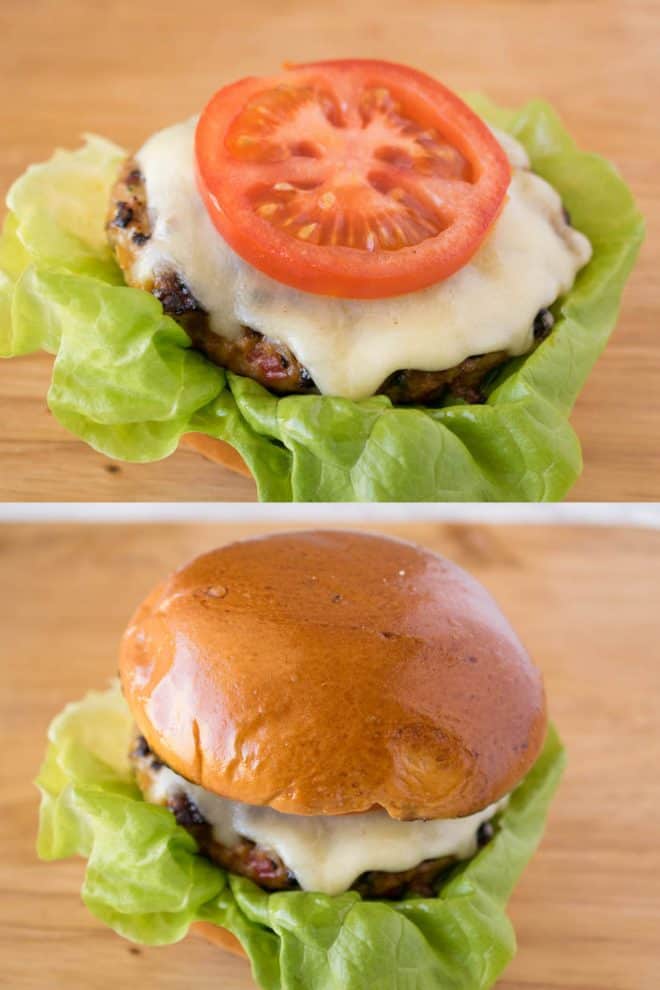 Tomato topped cheeseburger and a complete burger in a bun