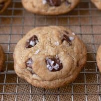 Chocolatey chunk cookies topped with flaky sea salt