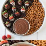 Chocolate covered dessert hummus in a white bowl on a platter with pretzels with chocolate covered strawberries