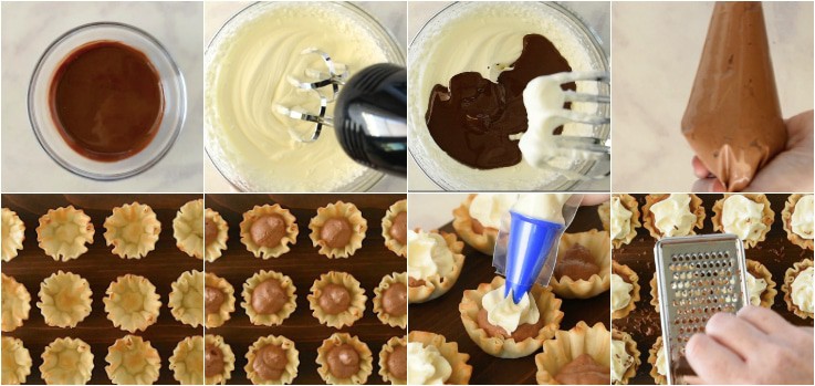 A collage of images showing the steps to making Chocolate mousse and vanilla phyllo dessert cups collage