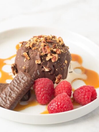Chocolate pecan coated ice cream ball on a white plate