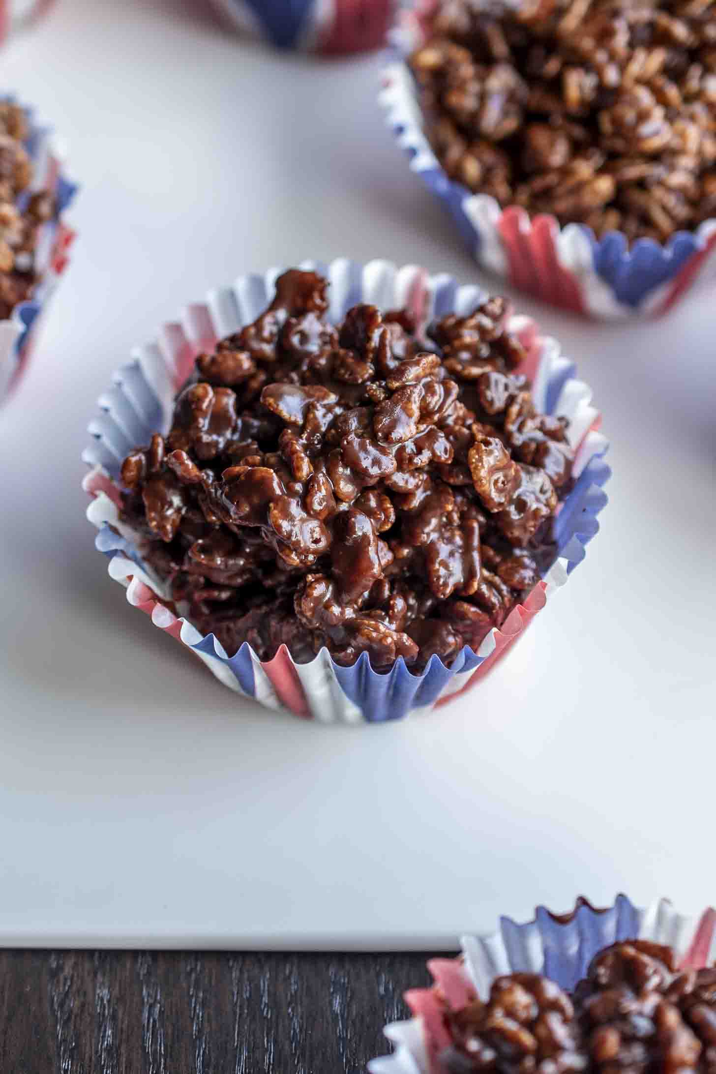 Dark brown chocolate and rice Krispy cake in a red white and blue muffin liner