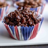 A closeup side view of a chocolate krispy cake