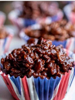 Melted chocolate and rice cereal in crispy cake form in a muffin liner