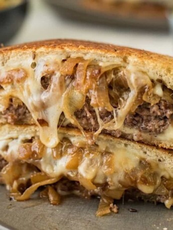 Melted cheese and onion on a patty melt