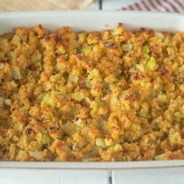 A rectangle baking dish of Cornbread sage and onion stuffing