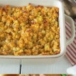 A rectangle casserole dish filled with crunch cornbread stuffing