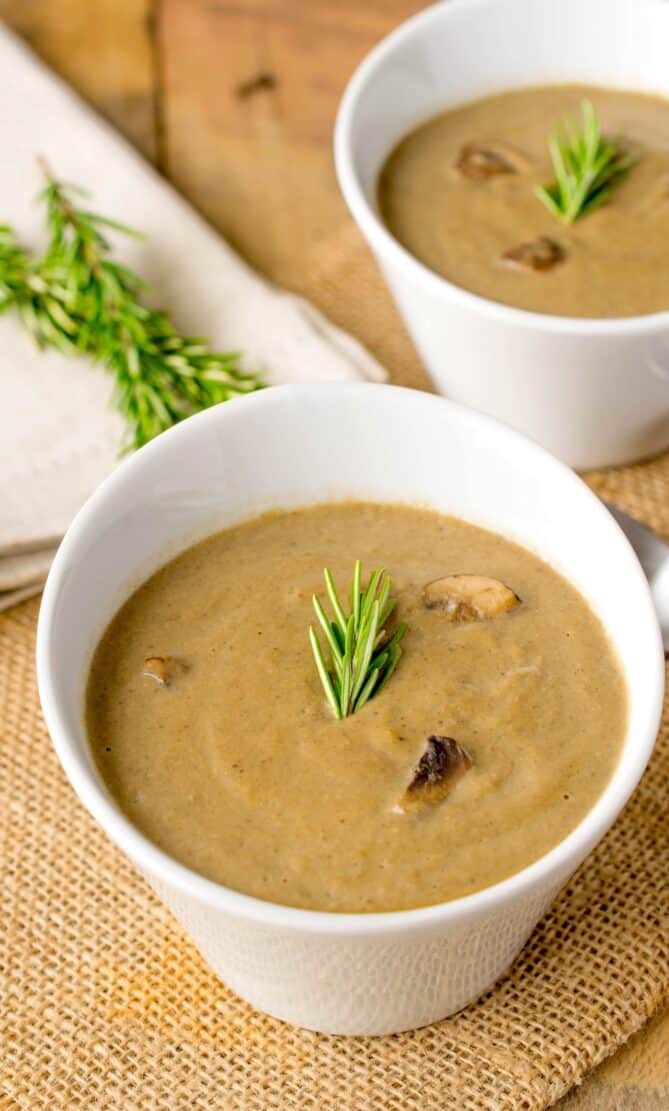 Brown mushroom soup in a white bowl