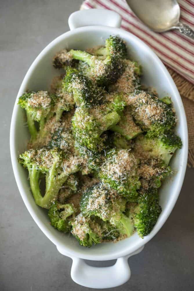 Deviled broccoli with Parmesan breadcrumbs viewed from overhead