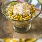 Esquites Mexican Corn Salad in a glass bowl and on a spoon