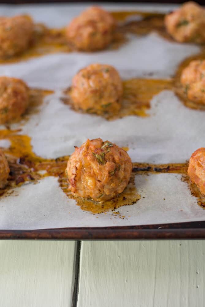 Meatballs on a baking sheet right out of the oven