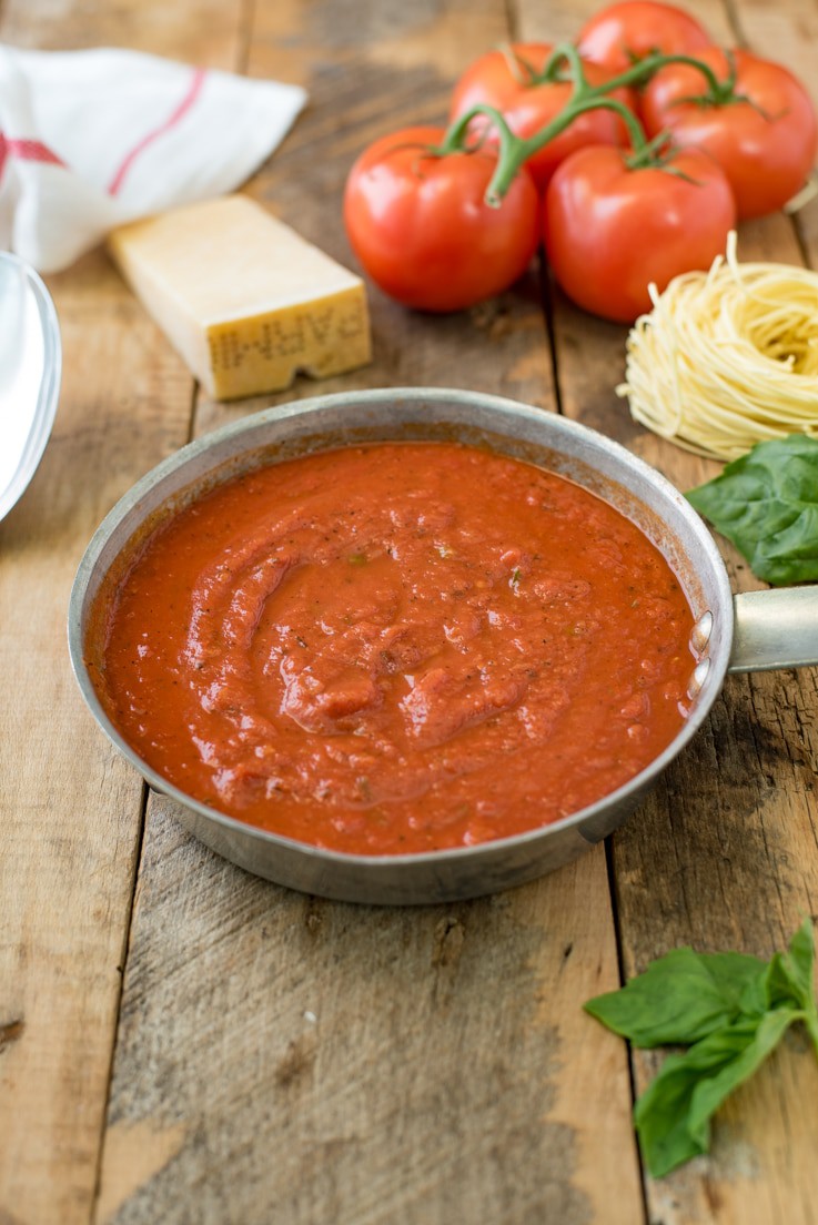 A pan of easy marinara sauce ready for the pasta to be added