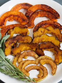 Butternut squash, acorn and delicata squash, sliced