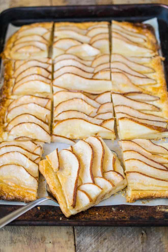 Pear slices laid out on a tart