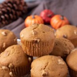Freshly baked pumpkin walnut muffins with mini pumpkins in the background