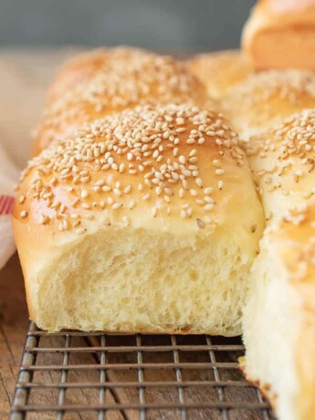 A closeup of a bread rolls showing the soft and fluffy inside