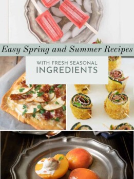 Strawberry popsicles, pizza, zucchini roll-ups and peach halves