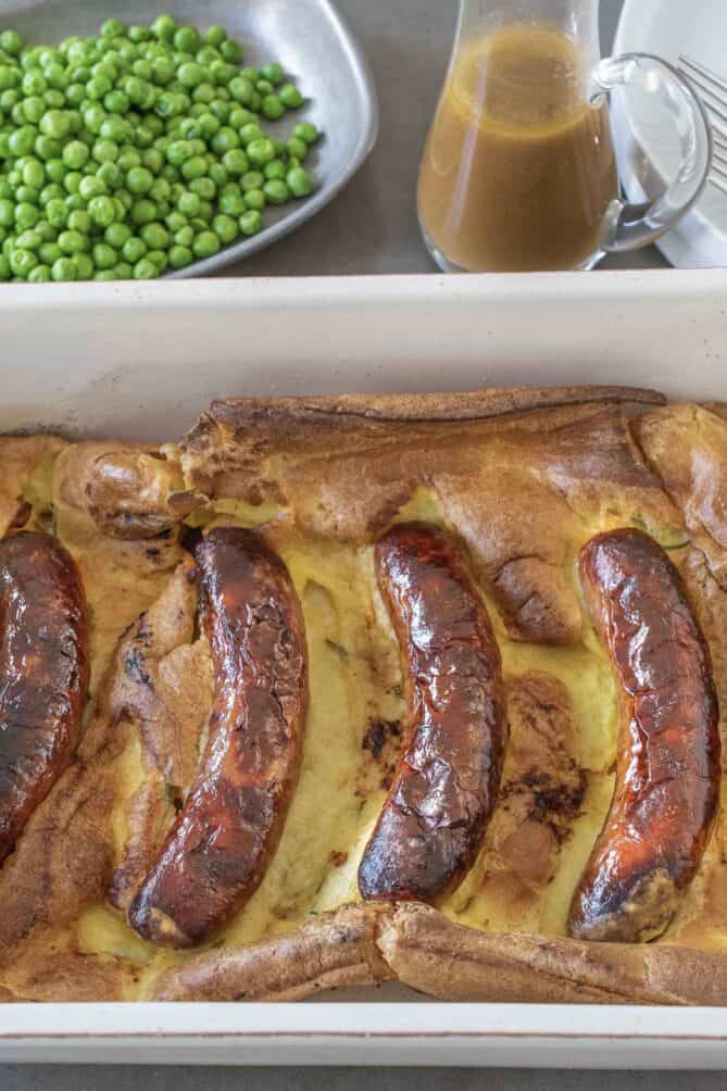 Toad in the hole in a casserole dish