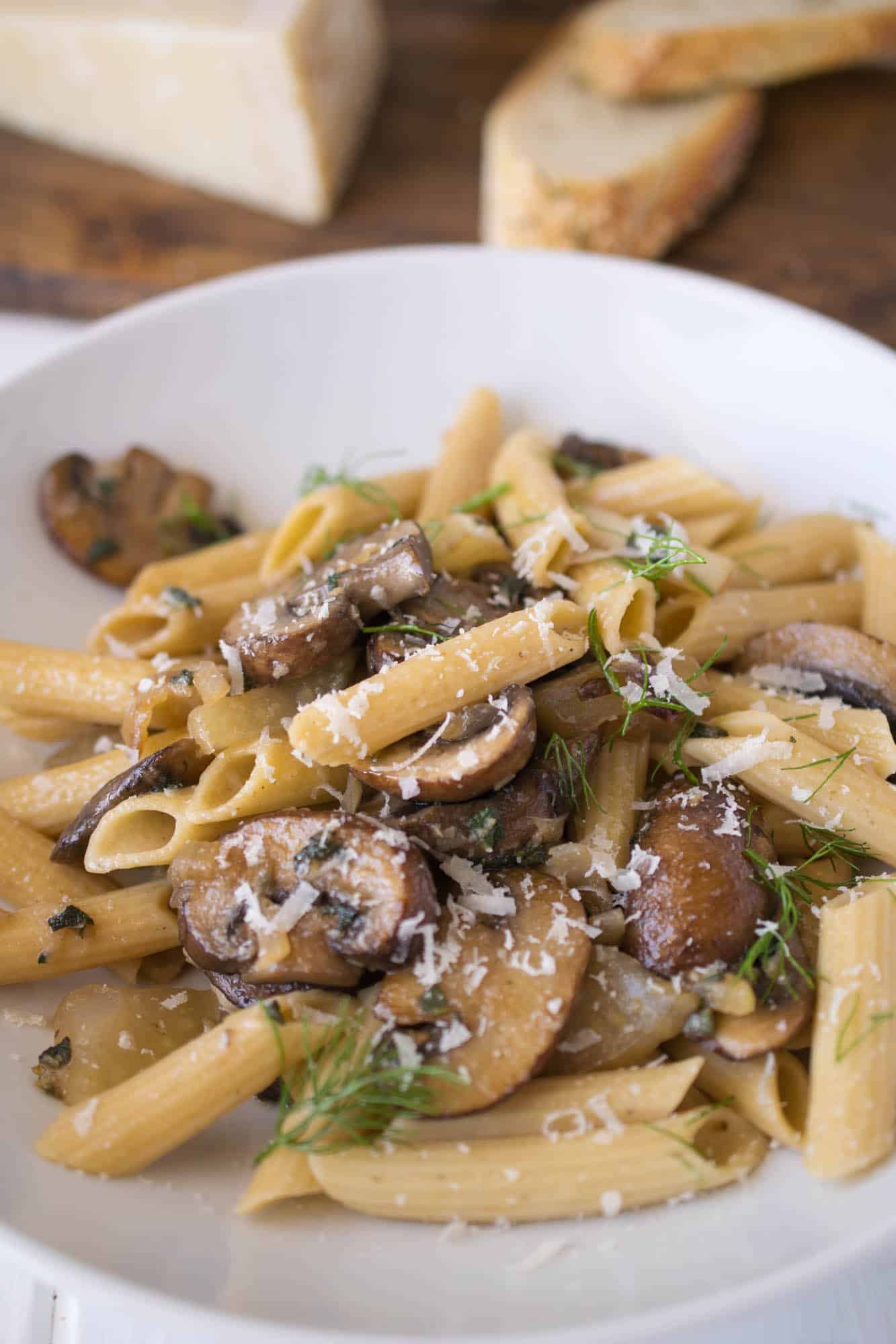 A closeup showing all the meaty mushrooms and pasta