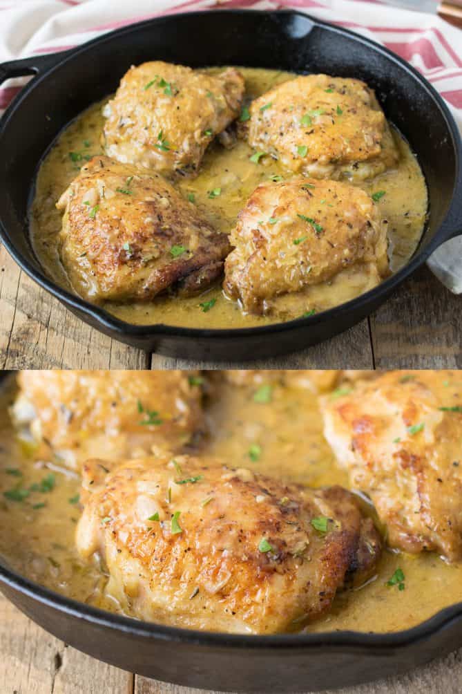 2 pans of Dijon chicken with a closeup