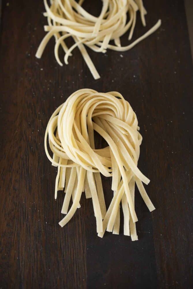 Fresh tagliette pasta twisted together