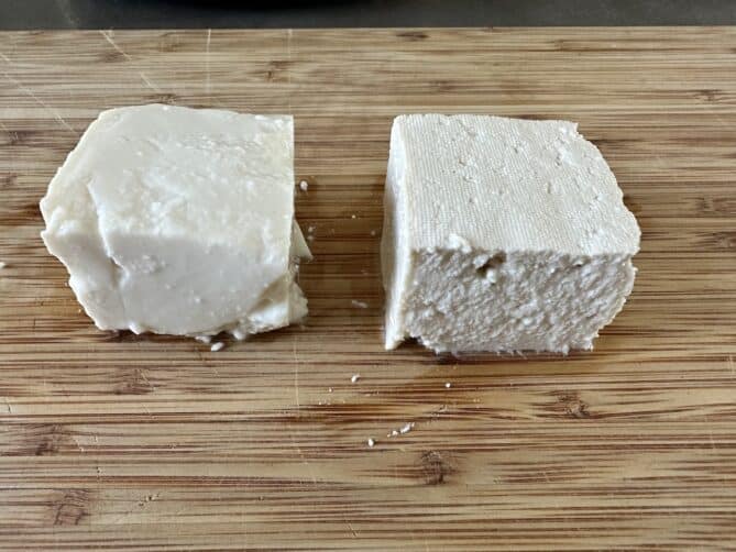 A block of silken tofu and a block of firm tofu
