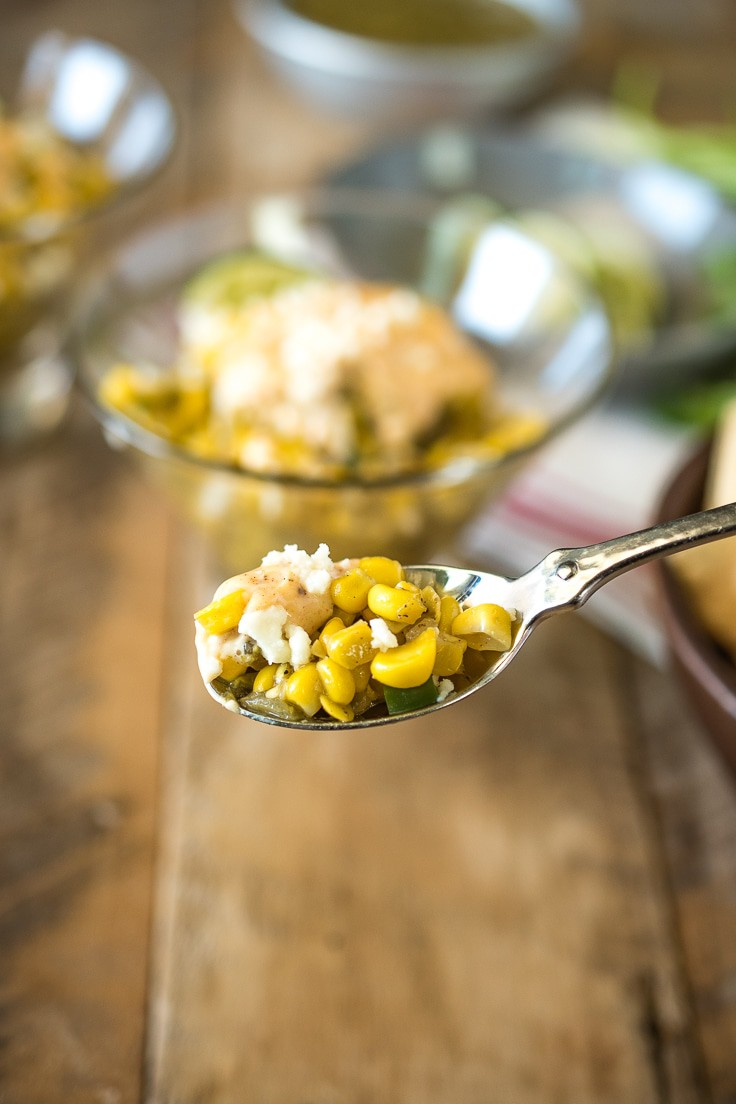 Esquites Mexican Street Corn Salad on a spoon