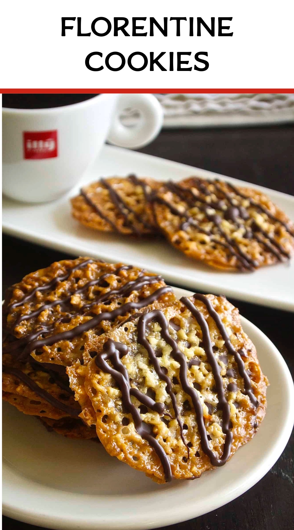 Florentine lace cookies on a plate with a coffee cup