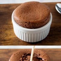 A perfectly smooth souffle and pouring a creamy sauce into the center