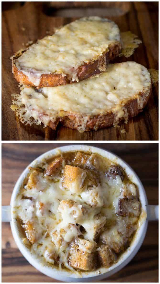 Crunchy slices of bread topped with melted cheese and a bowl of French onion soup viewed from overhead