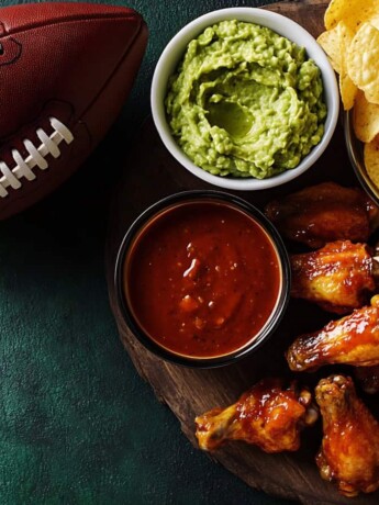 A football with guacamole, salsa, wings and tortilla chips