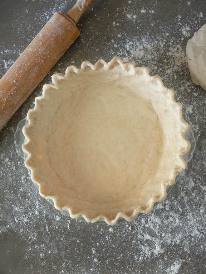 Gluten free dough in a pie dish ready for the filling