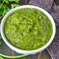 This grilled salsa verde is not your average salsa verde. Grilled tomatillos, pasilla peppers and jalapeño with added sweetness from pineapple. This  is a salsa so full of flavor you'll find it hard to put down the tortilla chips.