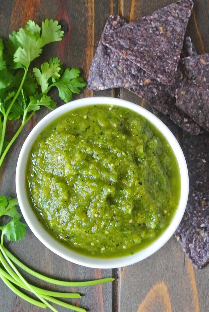 Vibrant tomatillos made into a green salsa