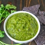 Grilled salsa verde ready to dip chips into