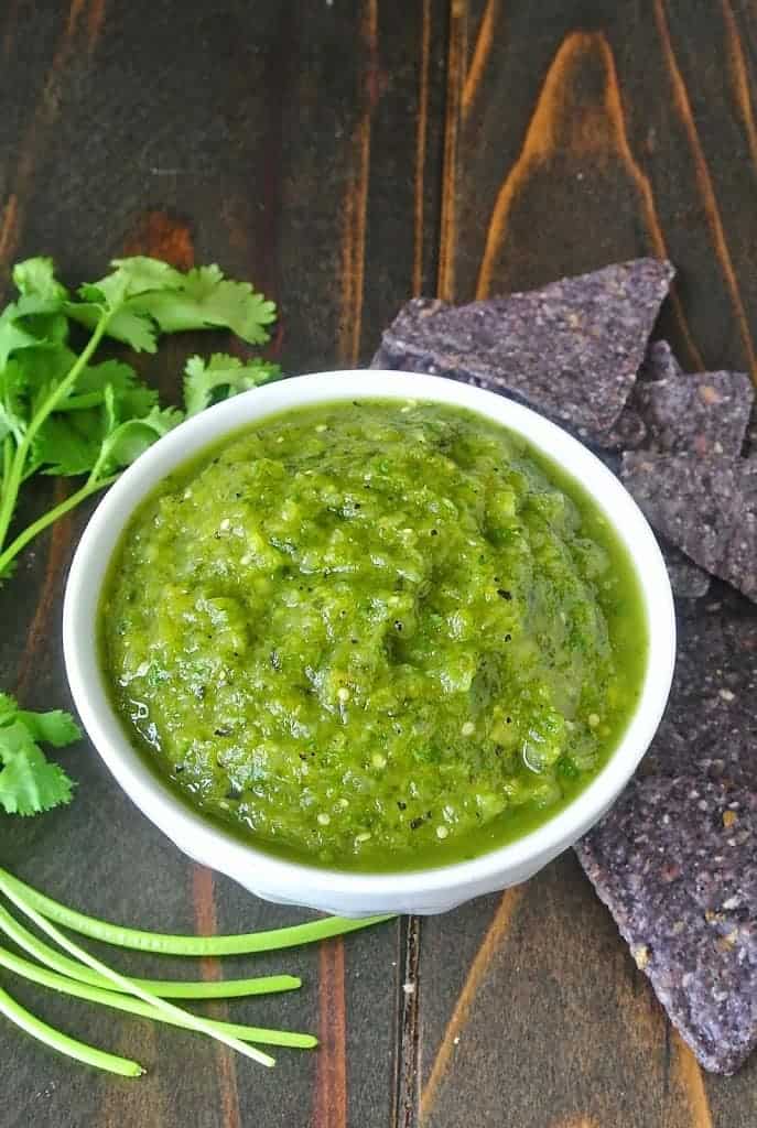 Grilled salsa verde ready to dip chips into