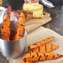 Grilled sweet potato wedges with grill marks