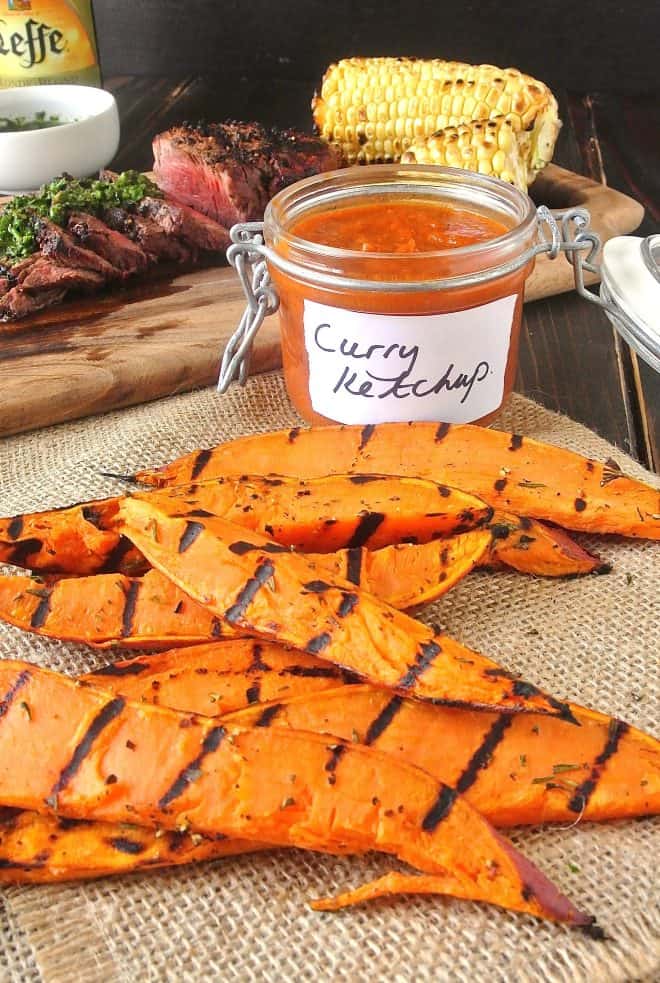 Sweet potatoes that are grilled with a jar curry ketchup